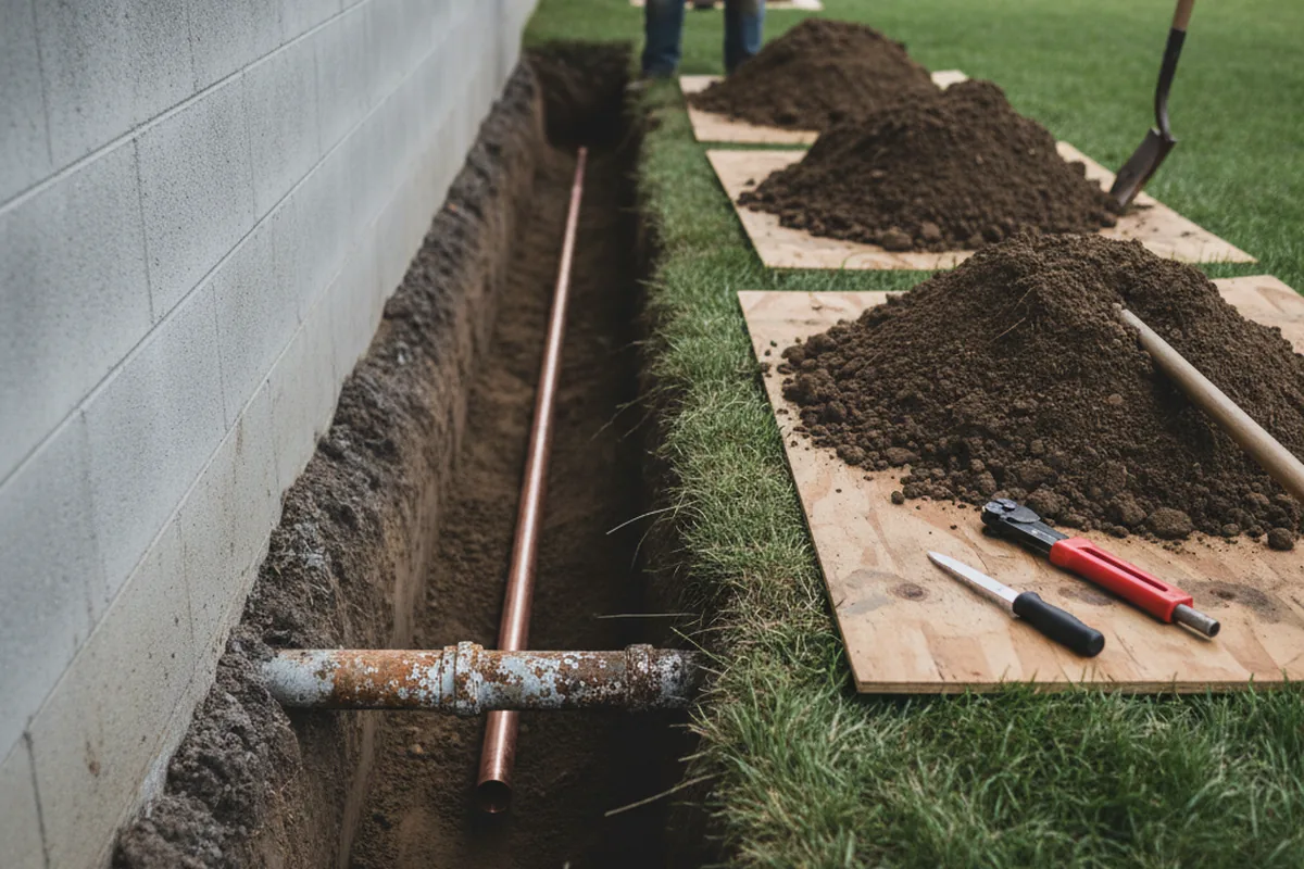 Excavated water line trench during Sewer Line Repair in Jaffrey